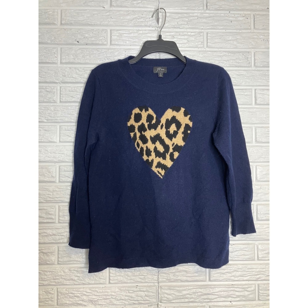 J. Crew everyday cashmere crewneck sweater navy blue animal print heart womens M